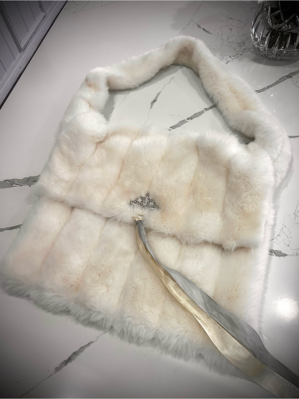 Hand Crafted Cream and White Faux Fur Satchel with Rhinestone and Ribbon Detail